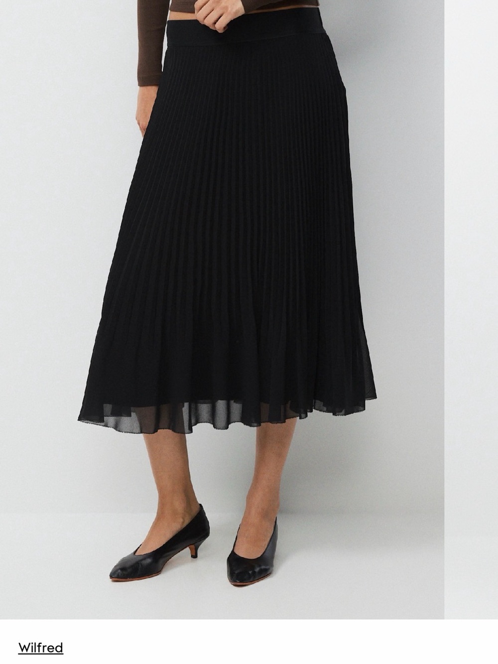 Aritzia Black Pleated Midi Skirt with Sheer Hem